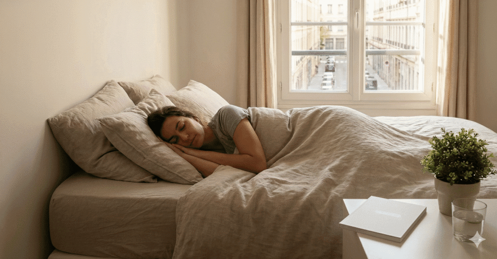 Femme dormant paisiblement dans une chambre lumineuse à Lyon, illustrant la récupération et le sommeil profond après une séance d'ostéopathie.